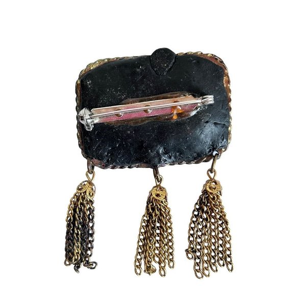 Antiqued Goldtone Rectangle Brooch Leaf and Flower Tassels 2"w x 2.75"l - Picture 4 of 5